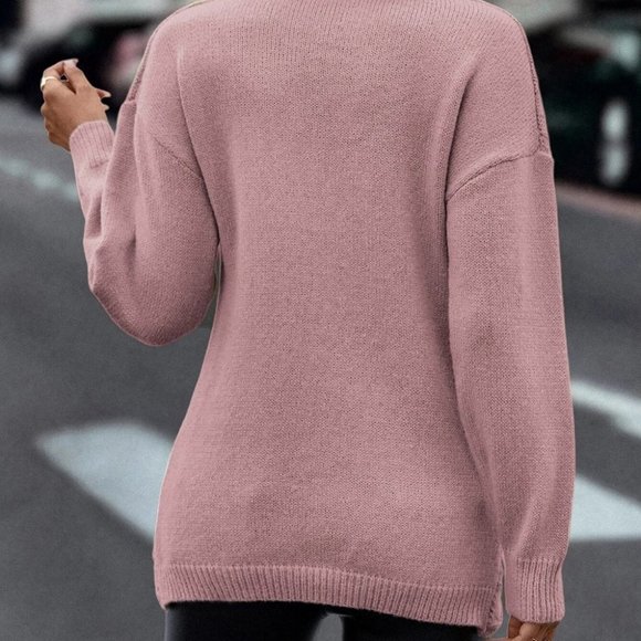 Dusty Pink Casual Womens Wrap Cross Drop Shoulder Cable Knit Sweater - Picture 2 of 5